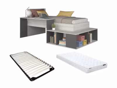 Lit combiné 90 x 200 cm avec rangements et bureau – Coloris : Naturel et anthracite + Sommier + Matelas – RIGALI