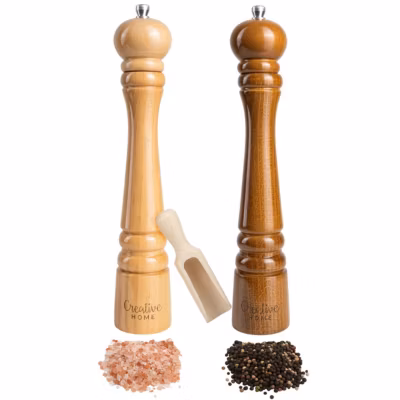 Creative Home Duo Moulin a Poivre et Sel Manuel en Bois – Inclus Mini Cuillère – Hauteur 31,5 cm – Salière et Poivrière Cuisine