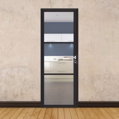 Porte battante noire H 2040 x L 730 mm – 3 verres clairs horizontaux + béquille inox
