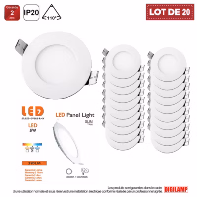 Lot de 20 Spot Encastrable Led Downlight Panel Extra plat 5w Blanc Neutre 4000k