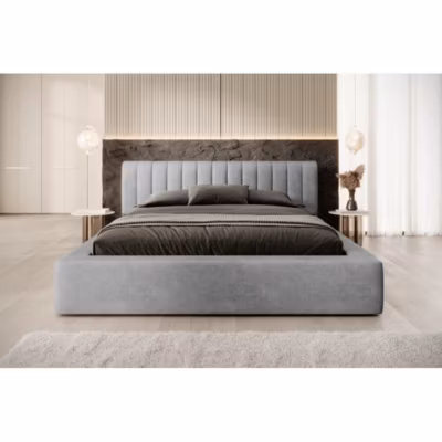 Lit coffre CERVIN  Velours doux Nacre de béton  160×200 cm  Sommier relevable  Design contemporain