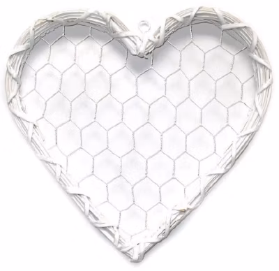 Coeur en osier et grillage 30×30 x h2cm a suspendre blanc, décoration de la Saint-Valentin
