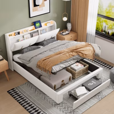 Lit coffre 140×200 cm avec LED, sommier à lattes, USB Type-C, capitonné velours blanc
