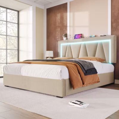 Canape lit 140×200 avec coffre de rangement eclairage LED et station de charge USB C en lin beige