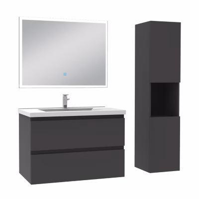Ensemble meuble Salle de Bain 80cm avec vasque et colonne et miroir lumineux dimmable anthracite