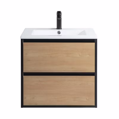 Pack Meuble prémonté 60 bois détail noir-Vasque résine-Robinet noir – bain-bain