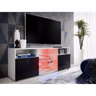 Meuble Banc TV Urbino Komodee – LED RGB – Noir Brillant et Blanc – Facades en Brillant – 140 x 53 x 35 cm