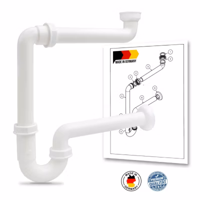 Siphon plastique pour lavabo évier + vasque salle de bain avec joints + double bague pour étanchéité, Blanc, Raccord 1 1/4, 32mm