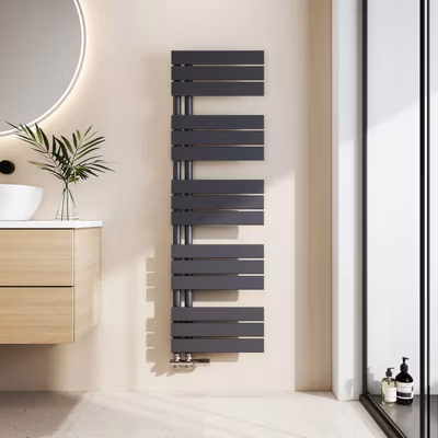 EMKE Radiateur Chauffe-Serviettes à Eau Chaude, Panneau Plat Connexion Latérale Anthracite 1320x400mm 598W