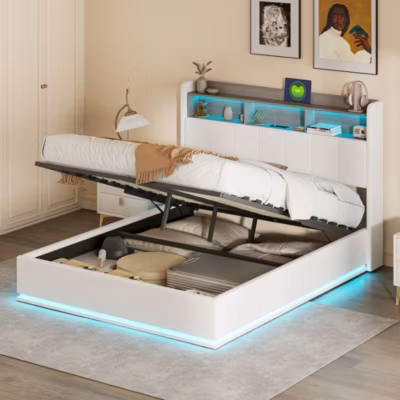 Lit coffre 140×190 cm en velours blanc avec LED intégrée, tête de lit avec rangements et ports USB & Type-C