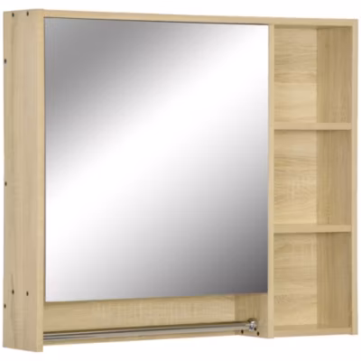 Armoire miroir murale de salle de bain – porte, 2 étagères, 3 niches, porte-serviette – aspect bois clair