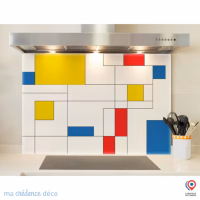 Crédence cuisine fond de hotte Mondrian – Verre trempé – L 70 cm x H 60 cm – MaCrédenceDéco