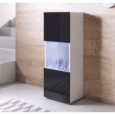 Vitrine verticale contemporaine – Blanc/Noir – 1 porte – 3 compartiments – Mélamine & verre – 40x128x29 cm