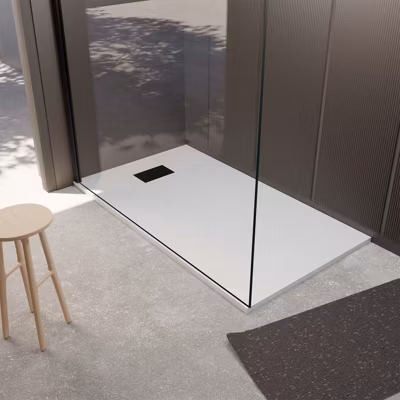 Receveur de douche Blanc Effet Pierre 90×140 cm et Grille décor Perforée Noire Mate