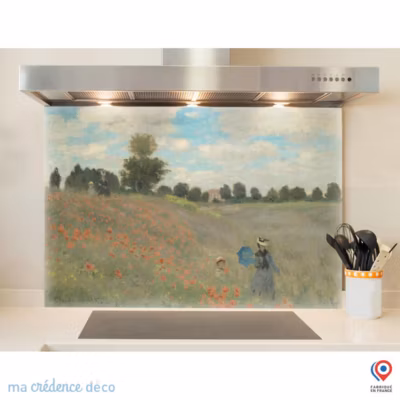 Crédence cuisine fond de hotte Claude Monet, Coquelicots, environs d&rsquo;Argenteuil – Verre trempé – L 90 cm x H 60 cm