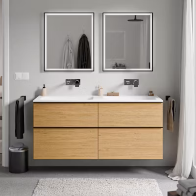 Meuble vasque suspendu MDF Chêne miel, lavabo fonte Blanc mat sans trou robinet, poignée Noir mat – 140x46x62cm – LAVOA