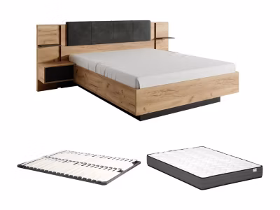 Lit avec chevets 140 x 190 cm – Avec LEDs – Coloris : Naturel et anthracite + Sommier + Matelas Confort – ELYNIA