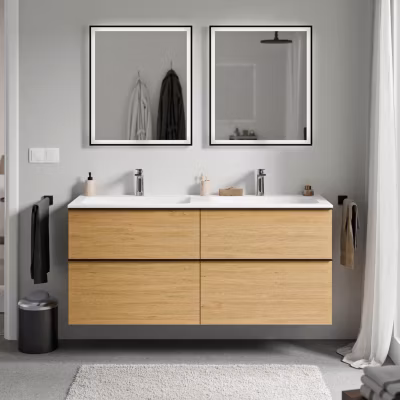 Meuble vasque suspendu MDF Chêne miel, lavabo fonte Blanc mat + trou robinet, poignée Noir mat – 140x46x62cm – LAVOA