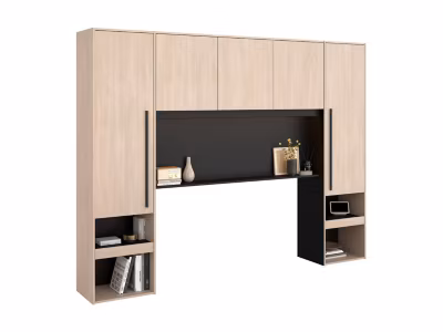 Pont de lit avec rangements – Avec LEDs – L265 cm – Coloris : Naturel et noir – VELONA