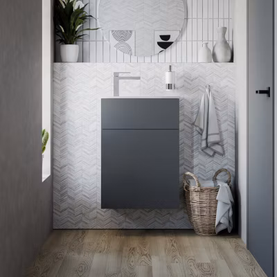 Meuble vasque suspendu MDF Graphite mat, lavabo Blanc mat + trou robinet & Bonde, Charnière porte à droite – 50x26x72cm – KONDA