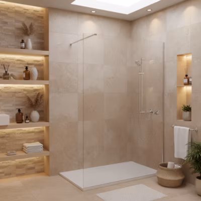 Pack Douche Complet avec Paroi Walk-In 140×200 Chrome + Colonne Grohe Tempesta 3 Jets + Receveur Marbre Coulé Blanc 140×90