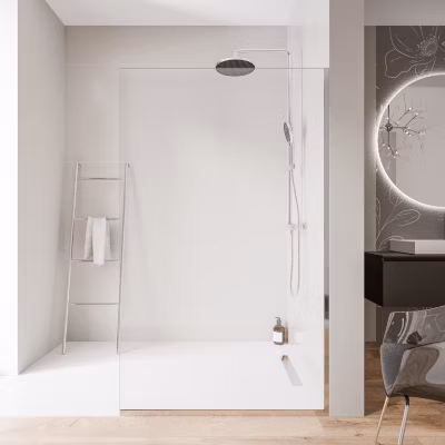 Paroi de douche italienne 160x200cm, verre NANO 10mm, profilé mural + sol chrome – EX102