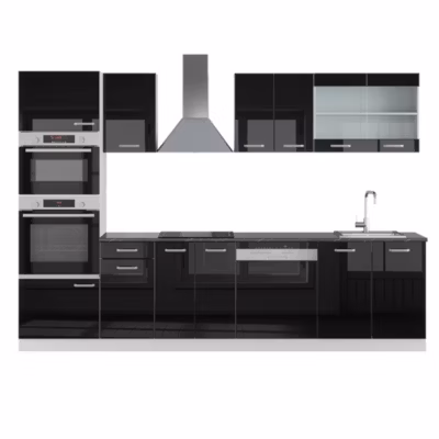 Vicco Cuisine Noir brillant/Blanc 300cm avec armoire haute, PT Anthracite