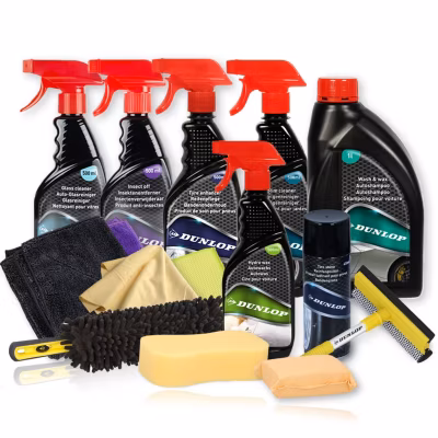 Kit Complet Nettoyage Extérieur Voiture Dunlop KNCE2 15 pièces – Shampoing, Jantes, Microfibres, Brosse, Éponges