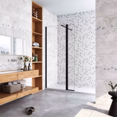 Paroi de douche noir 70 x 200 cm avec volet pivotant à 180 degré  – Verre anticalcaire  – 90 cm Barre de stabilisation