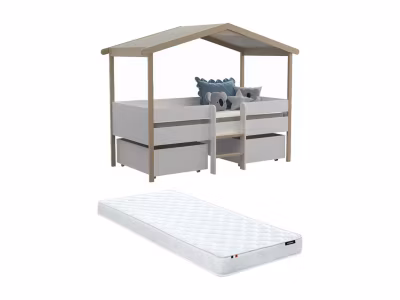 Lit cabane SAROSI avec tiroirs – 90 x 190 cm – Tilleul – Blanc et chêne + matelas
