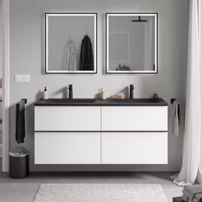Meuble vasque suspendu MDF Blanc mat, lavabo fonte Noir mat + trou robinet, poignée Noir mat – 140x46x62cm – LAVOA