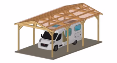 Carport deux pentes 450cmx1050cm Bois DOUGLAS Français label PEFC  (Charpente – Auvent – Abri Camping-car) surface 48 m²