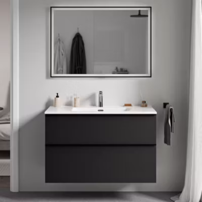 Meuble vasque suspendu MDF Noir mat, lavabos Blanc brillant + trou robinet, poignée Noir mat – 81x64x47cm – LAVOA