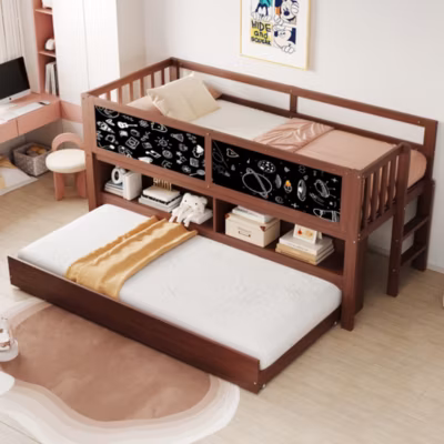 Lit Gigogne enfant 90×200 cm avec Lit Tiroir, Échelle, Tableau à Gribouillis et Rangement Intégré – Sans Matelas – Bois Marron