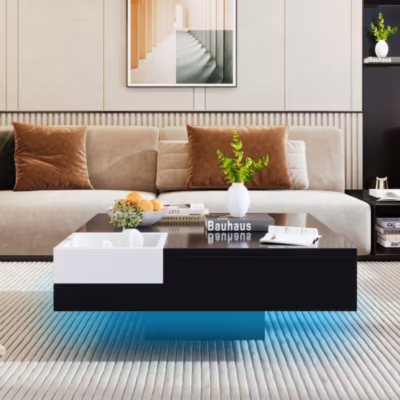 Table basse salon HPL laque table d appoint avec boite de rangement amovible noir et blanc 72x72x30 cm LED