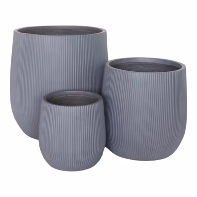 SALINDRO – Lot de 3 cache-pots en fibre d&rsquo;argile déco strillée gris