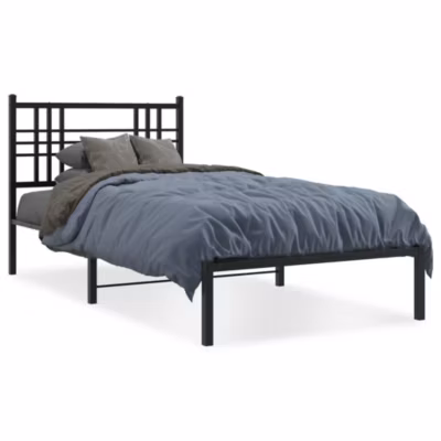 Lit simple, Lit adulte, Cadre de lit métal sans matelas avec tête de lit noir 100x190cm