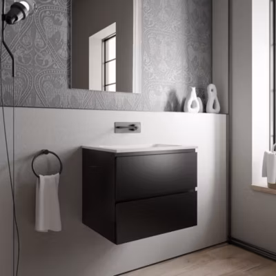 Meuble vasque suspendu MDF Noir mat, lavabo fonte Blanc mat sans trou robinet – 60x46x50cm – AVA BRUXELLES