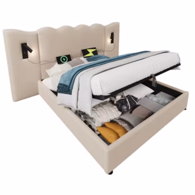 Lit 180×200 cm sommier relevable coffre de rangement avec tête de lit tapissée en lin et cadre métal