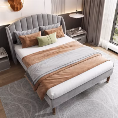 Lit adulte lit cadre à lattes en bois lit 160×200 cm lit rembourré Single velours gris