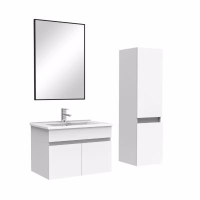 Ensemble Salle De Bain 60cm Blanc meuble et miroir et colonne et simple vasque