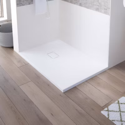Receveur de douche Kinedo Kinesurf découpable 100×90 blanc aspect pierre avec cache-bonde assorti et bonde extra-plate