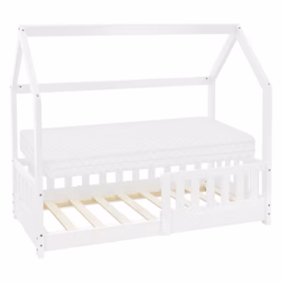 Lit d&rsquo;enfant ML-Design 70×140 cm blanc en bois de pin massif style maison avec sommier et matelas