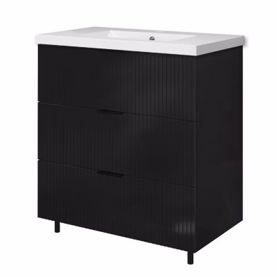 Meuble de salle de bain brilliant 80 cm, 3 tiroirs, MDF noir, avec vasque + pieds