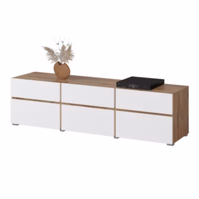 Meuble TV HAVANA  180 cm  3 portes abattantes et 3 tiroirs  Chene et blanc  Design contemporain