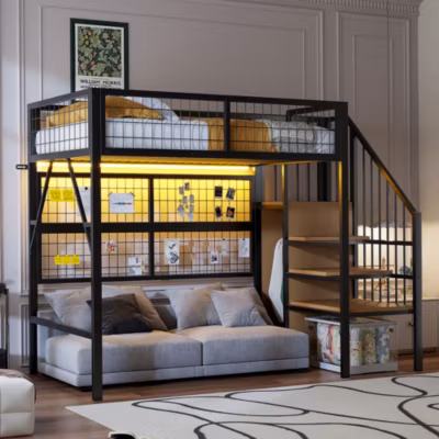 Lit mezzanine 90×200 cm avec échelle à rangements et bande LED pilotable, structure métal noir