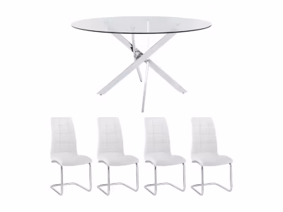 Ensemble table COSIMA + 4 chaises NADYA – Transparent et blanc