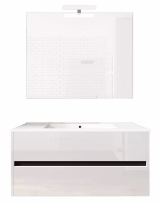 Ensemble de salle de bain meuble suspendu 100cm DOUBLE EDGE blanc brillant – Vasque – Miroir – Applique