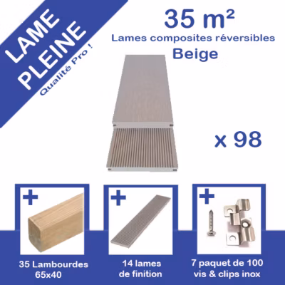 Kit complet 35m²  Terrasse lames pleine 2600x140x20 mm  BEIGE – Green Outside