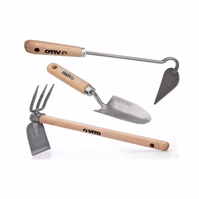 Kit 3 outils de jardin Manche bois Inox et Fer forgés à la main Haute qualité VITO